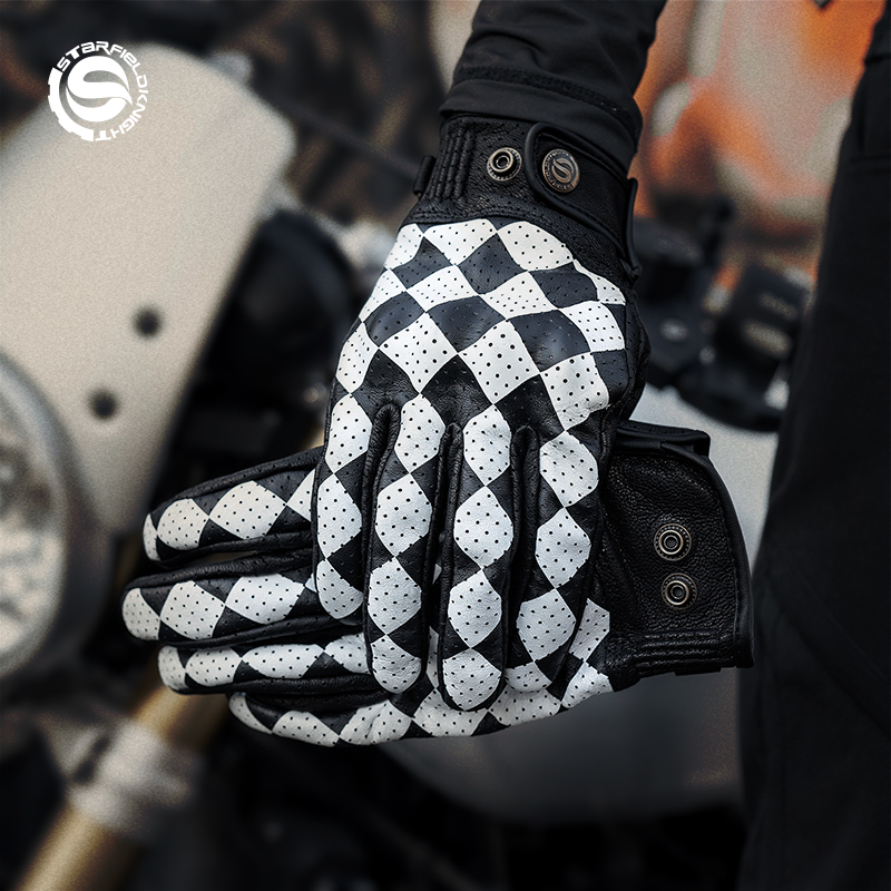 Motorcycle Gear White - Star Field Knight Schwarz-weiße Motorradhandschuhe, Retro-Reitausrüstung,