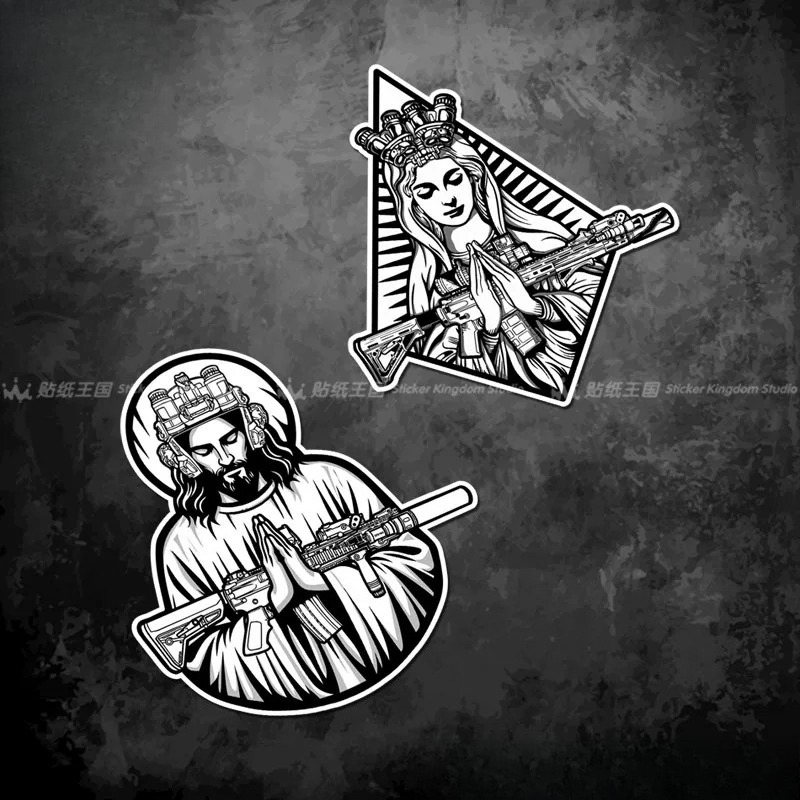 Motorcycle Gear White - Taktische schwarz-weiße Jesus-Jungfrau-Maria-Aufkleber aus wasserfestem Vinyl